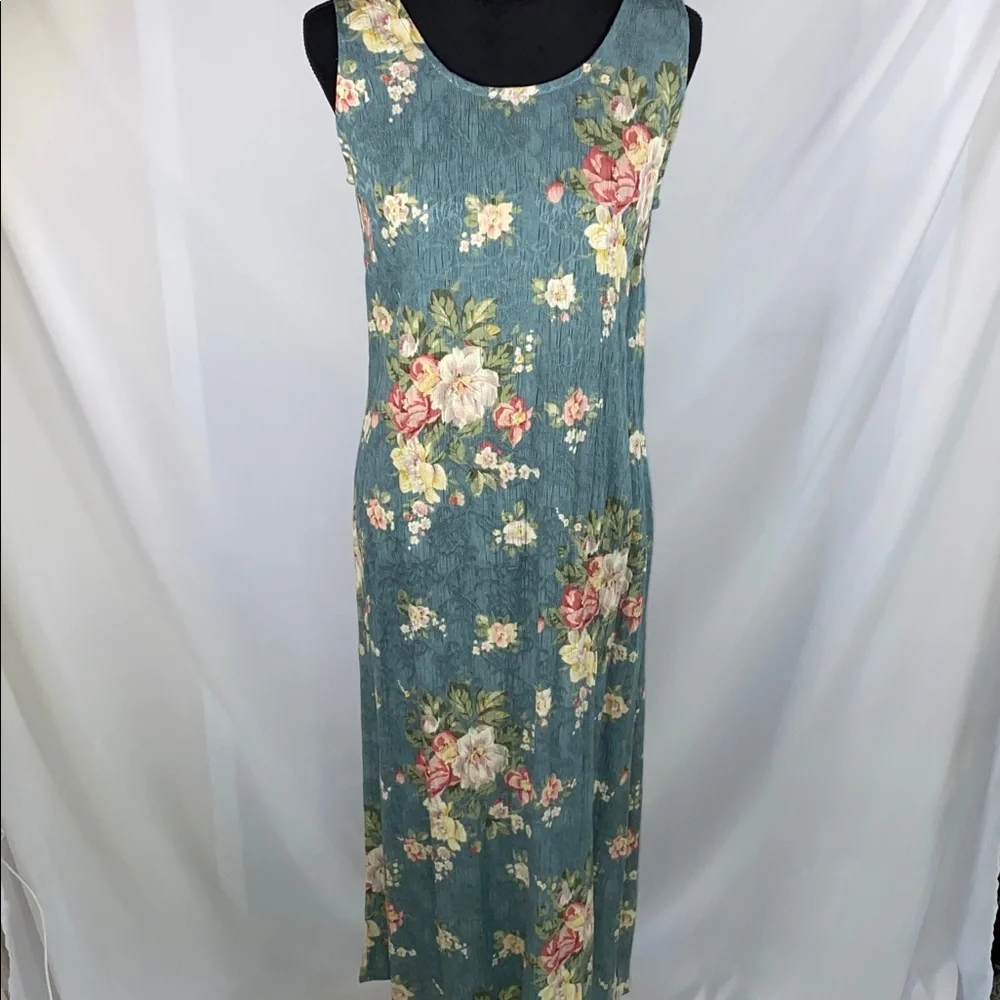 Vintage K Studio Blue Floral Maxi Dress Rayon 90s Cottagecore 10 - Picture 1 of 12